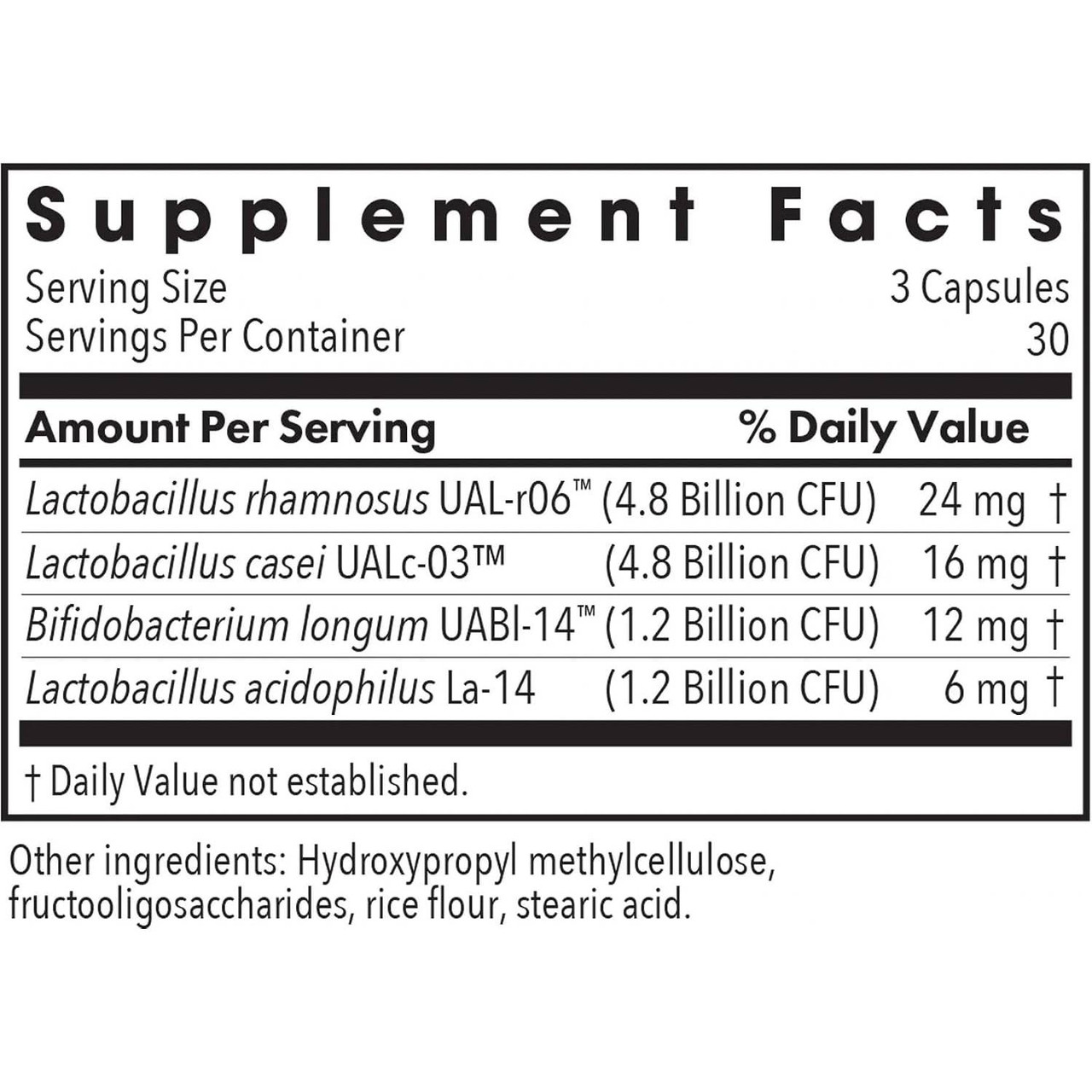 GI Flora Supplement Facts four probiotic strains CFU panel