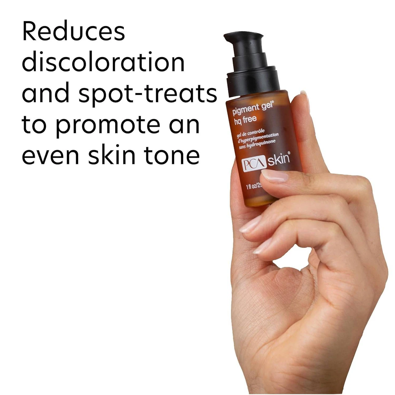 Hand holding Pigment Gel HQ Free with reduces discoloration text