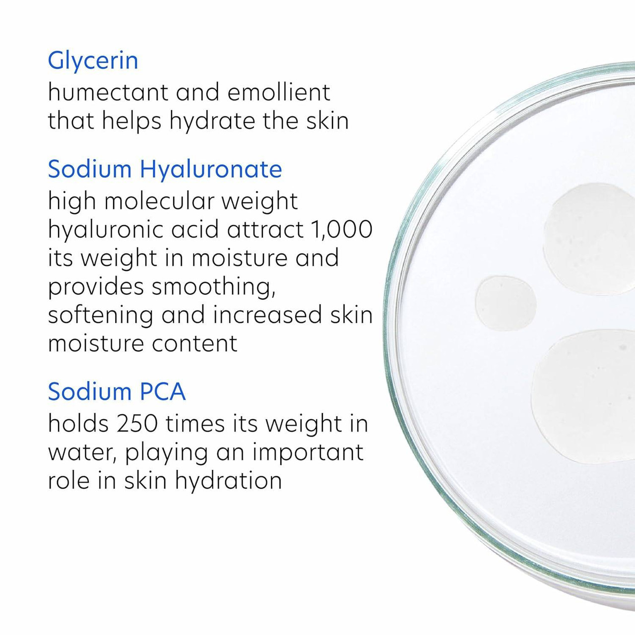PCA Skin Hydrating Serum ingredient callouts: glycerin, sodium hyaluronate, sodium PCA