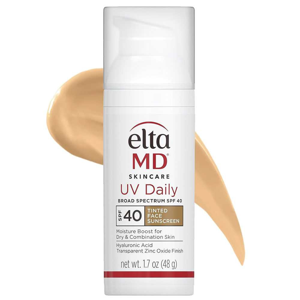 EltaMD UV Daily Broad-Spectrum SPF 40 tinted 1.7 oz pump bottle with beige tint swatch