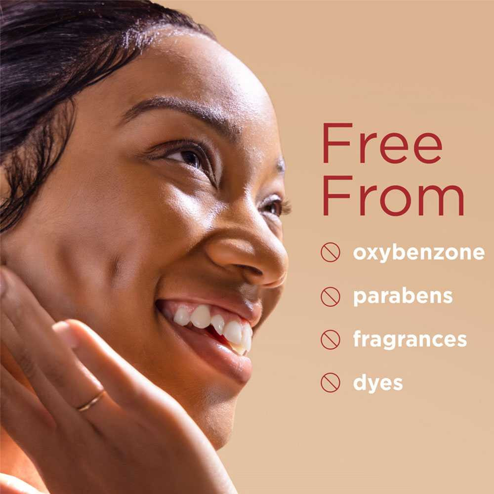 Smiling model with EltaMD UV Clear free-from ingredient list graphic