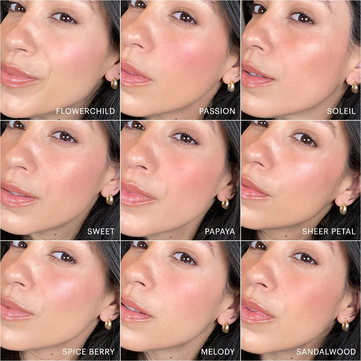 Grid of a model wearing nine blush shades, each labeled