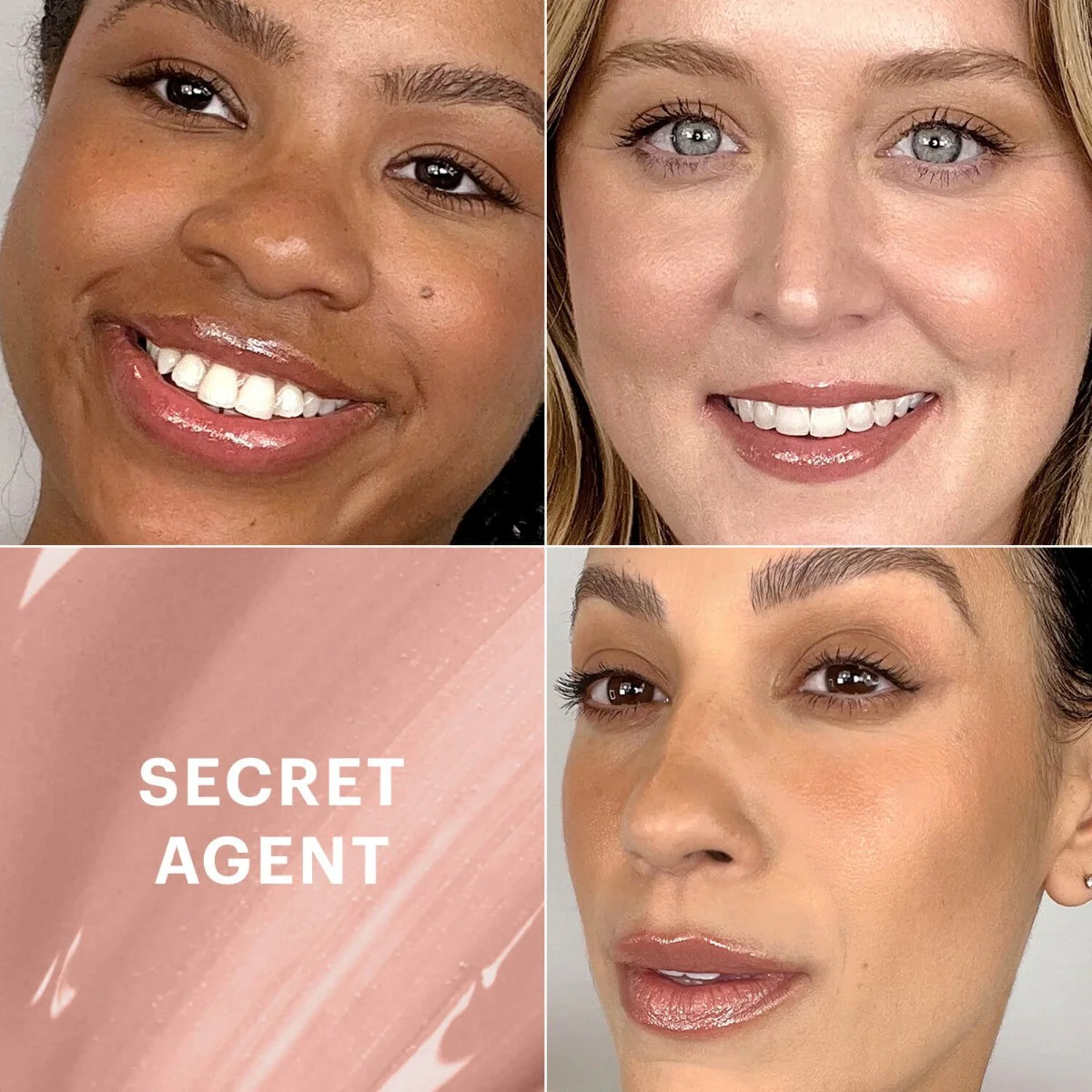 Secret Agent shade swatch and three models wearing it