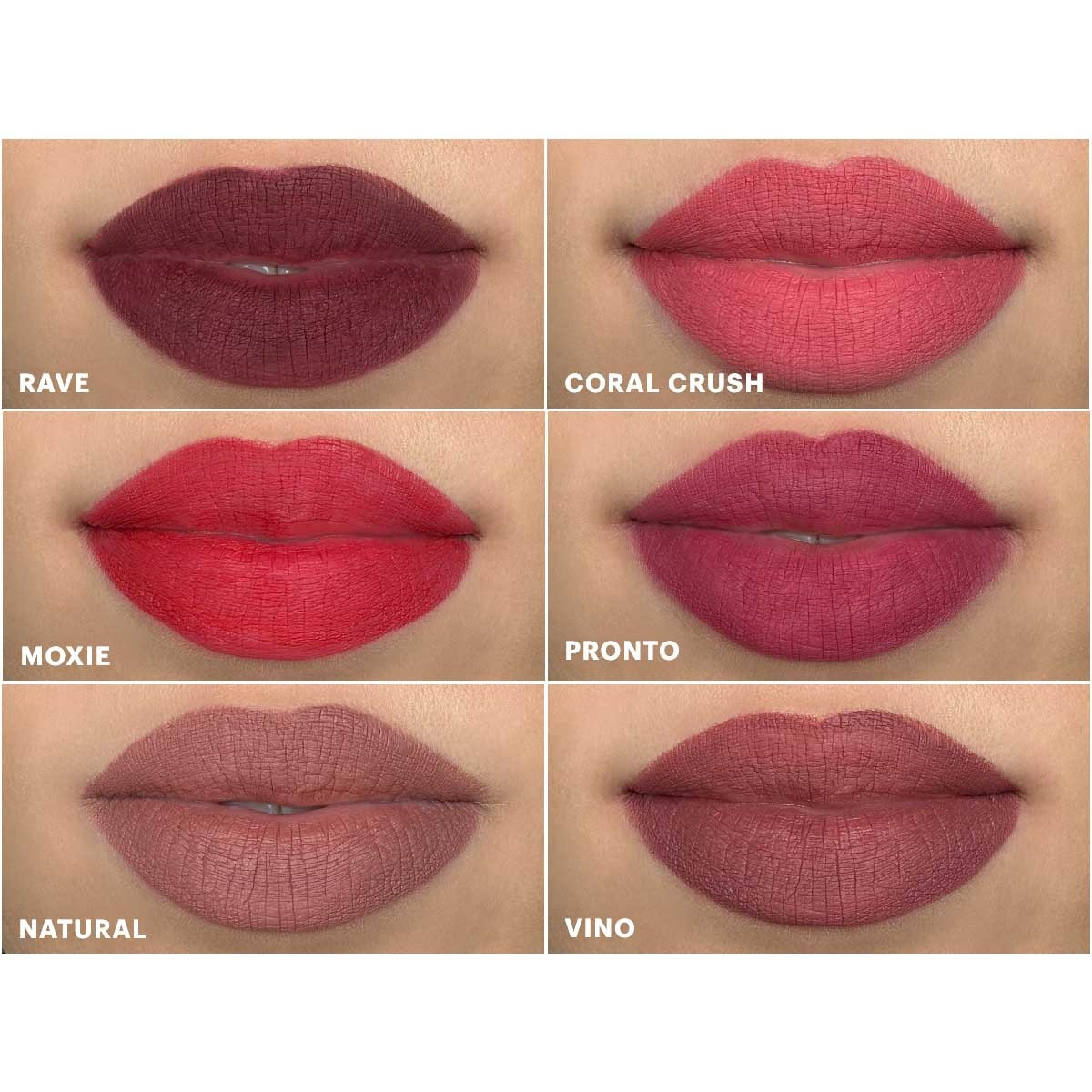 Lip swatches in six shades labeled Rave, Coral Crush, Moxie, Pronto, Natural and Vino