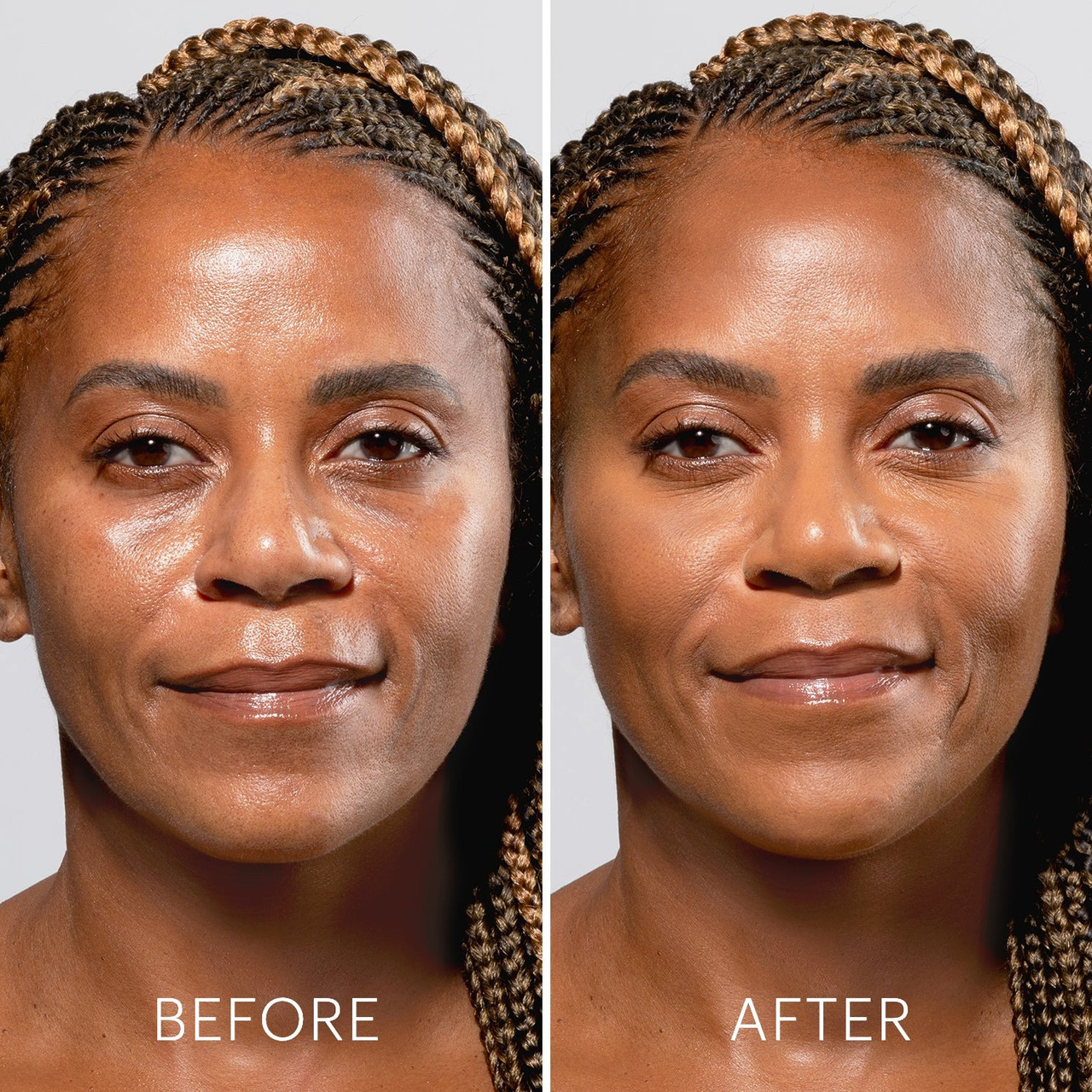 Woman with braids before and after glo foundation