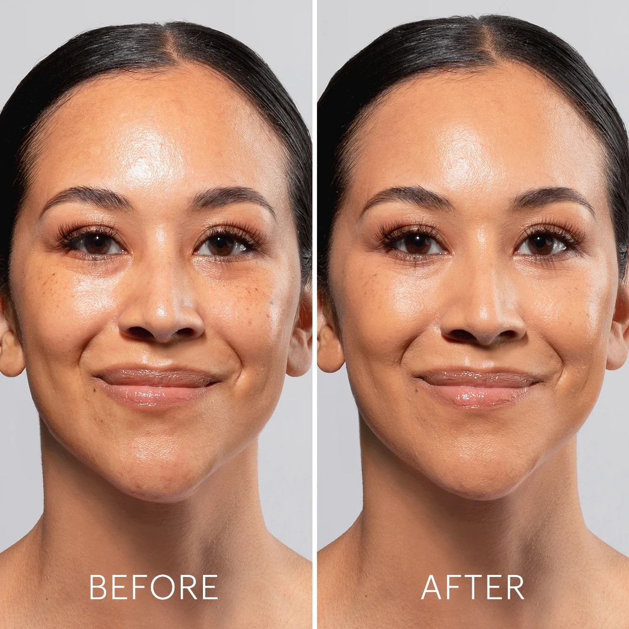 Smiling woman before and after glo foundation
