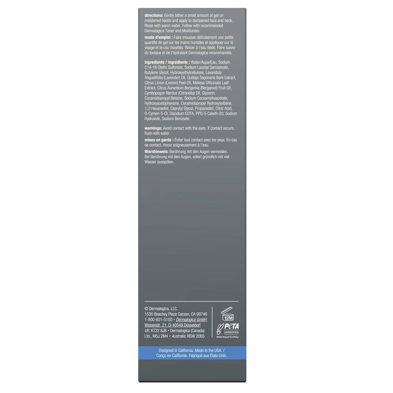 Dermalogica Special Cleansing Gel box back panel with ingredients and directions