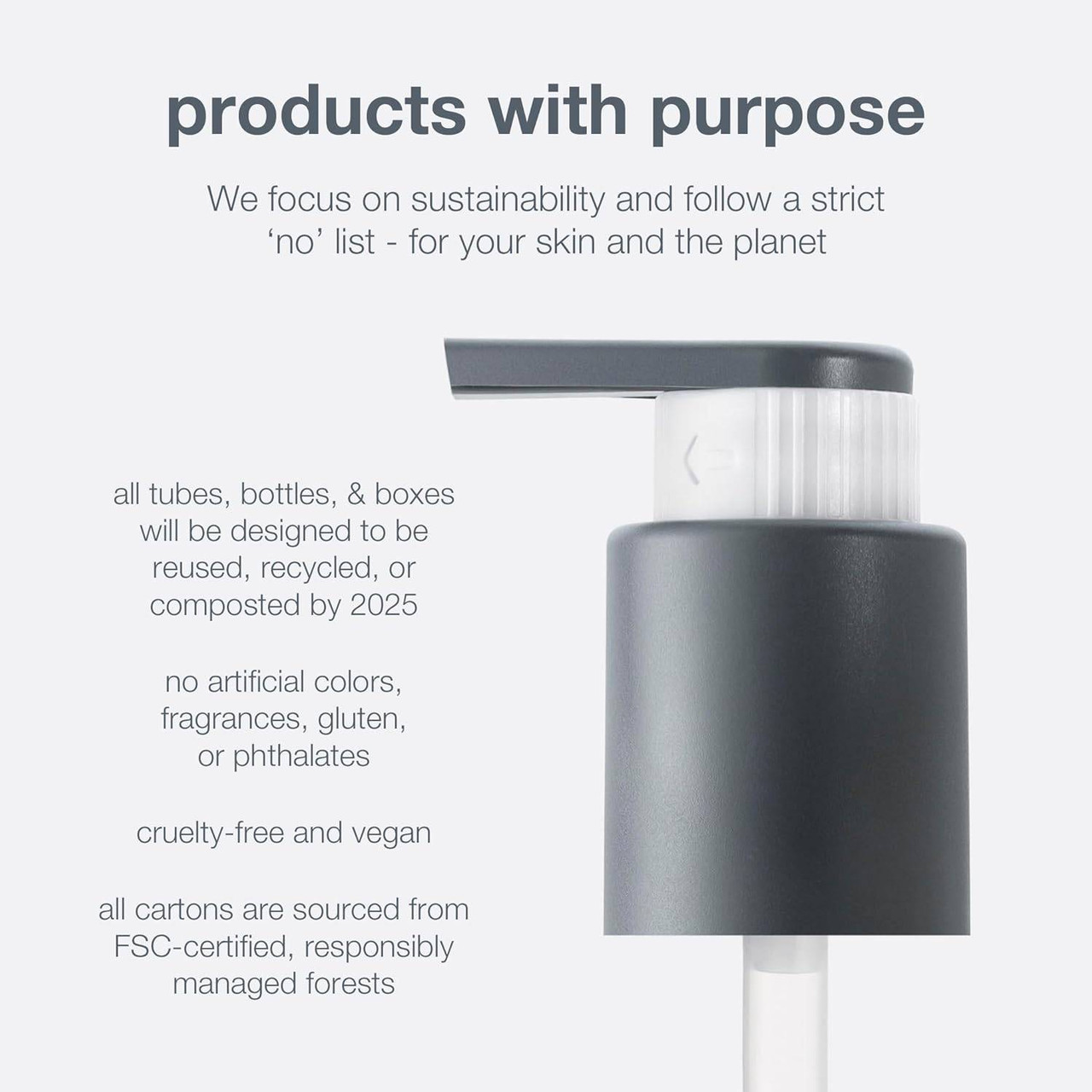 Dermalogica pump close-up with sustainability commitments text