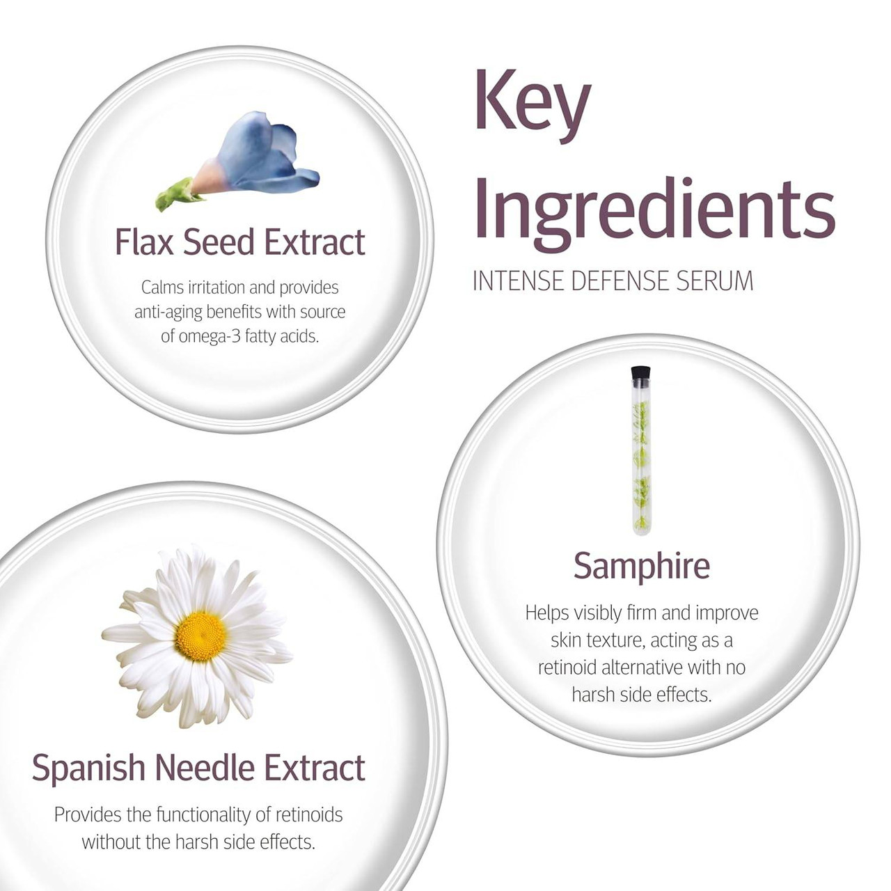 epionce Intense Defense Serum key ingredients infographic with botanicals