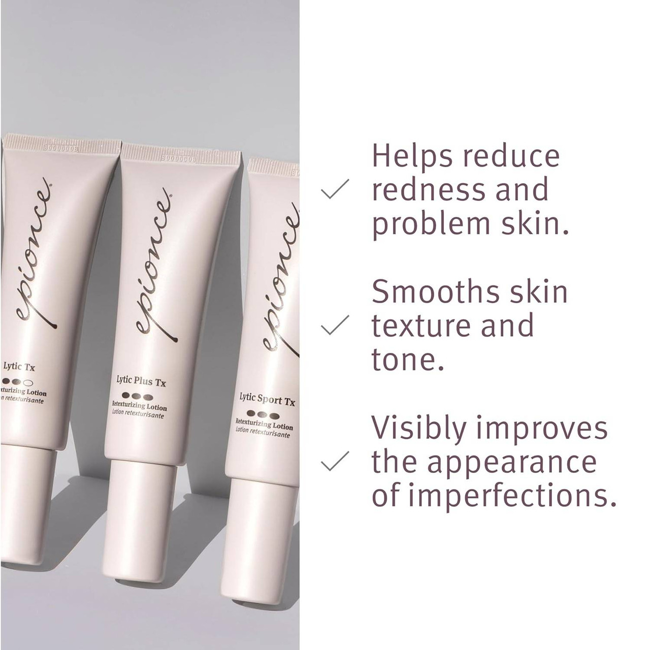 Three epionce Lytic Plus Tx tubes with skin benefit text