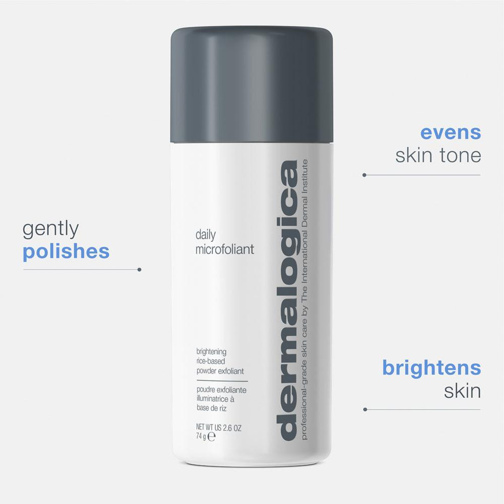 Dermalogica Daily Microfoliant bottle with polishing and brightening callouts