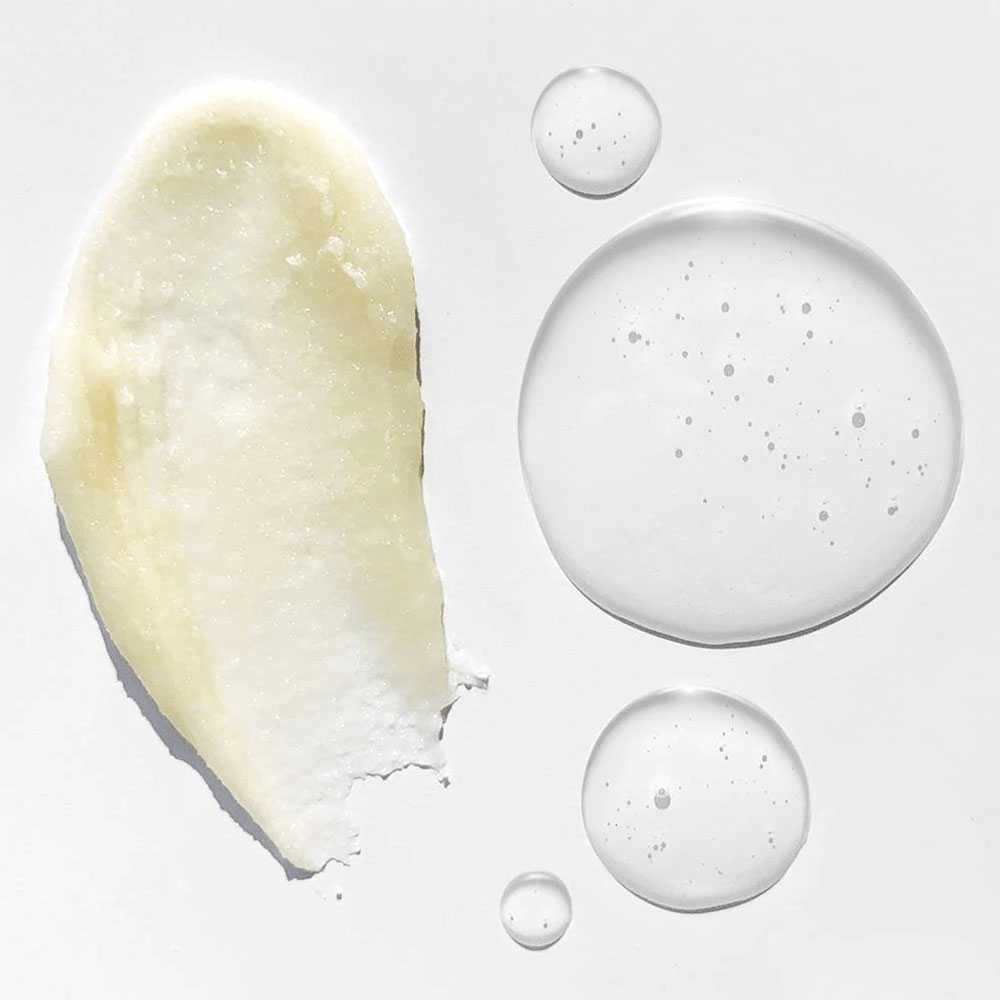 Swatch of creamy peel next to clear gel drops