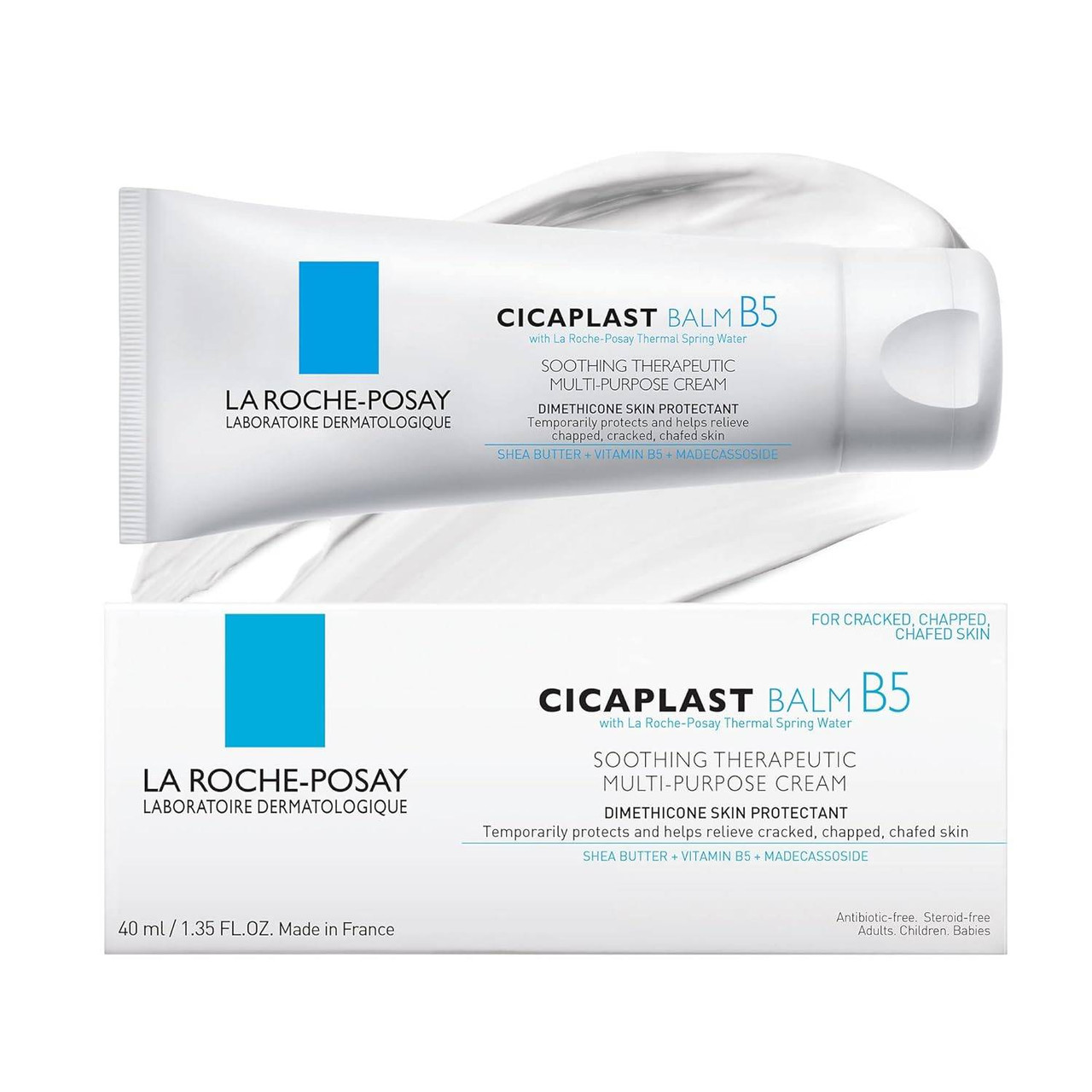 La Roche-Posay Cicaplast Balm B5 tube and box with cream swatch