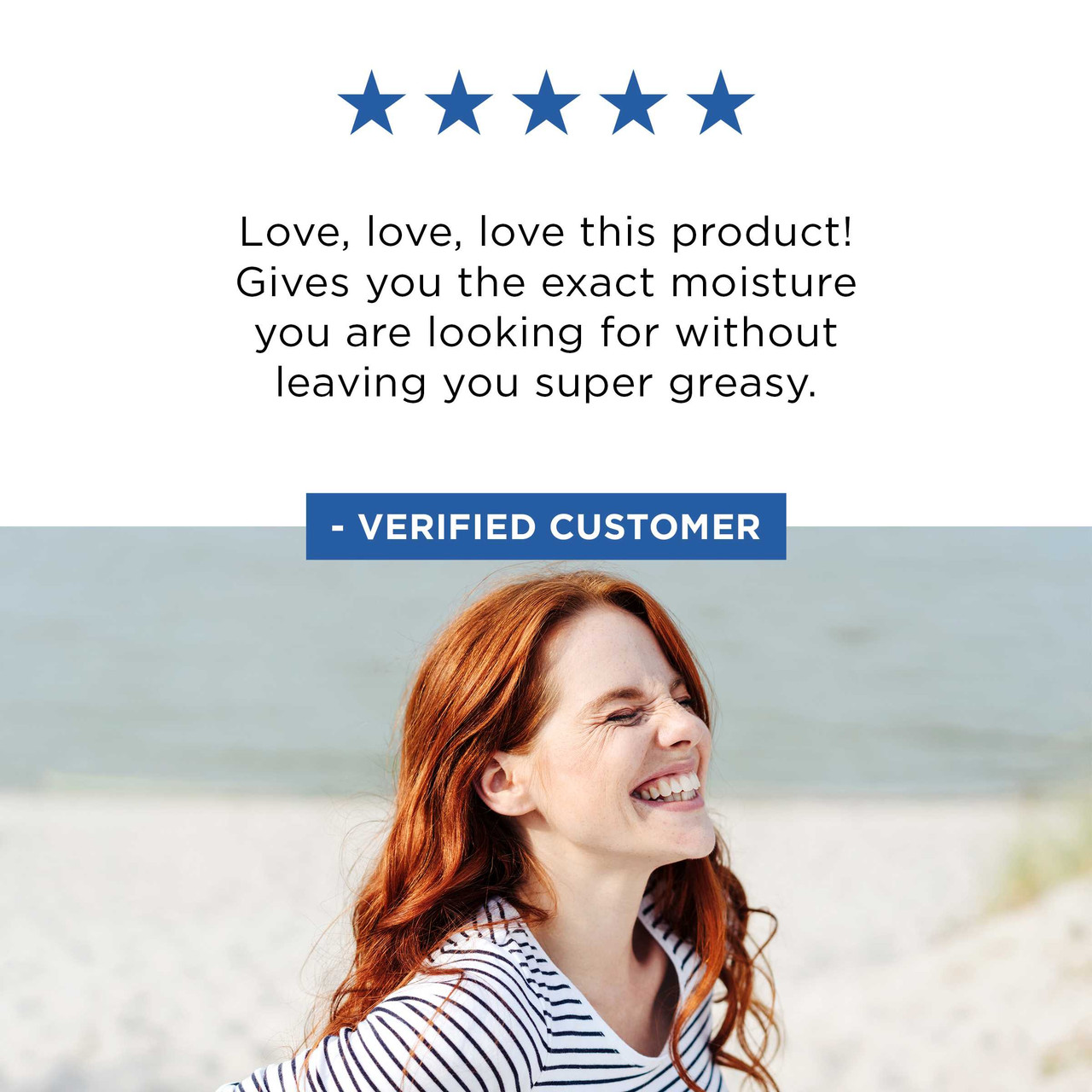 Five-star verified customer review of Body Crème beside a laughing woman