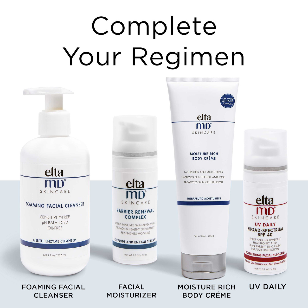 EltaMD regimen: foaming cleanser, facial moisturizer, body crème, UV Daily