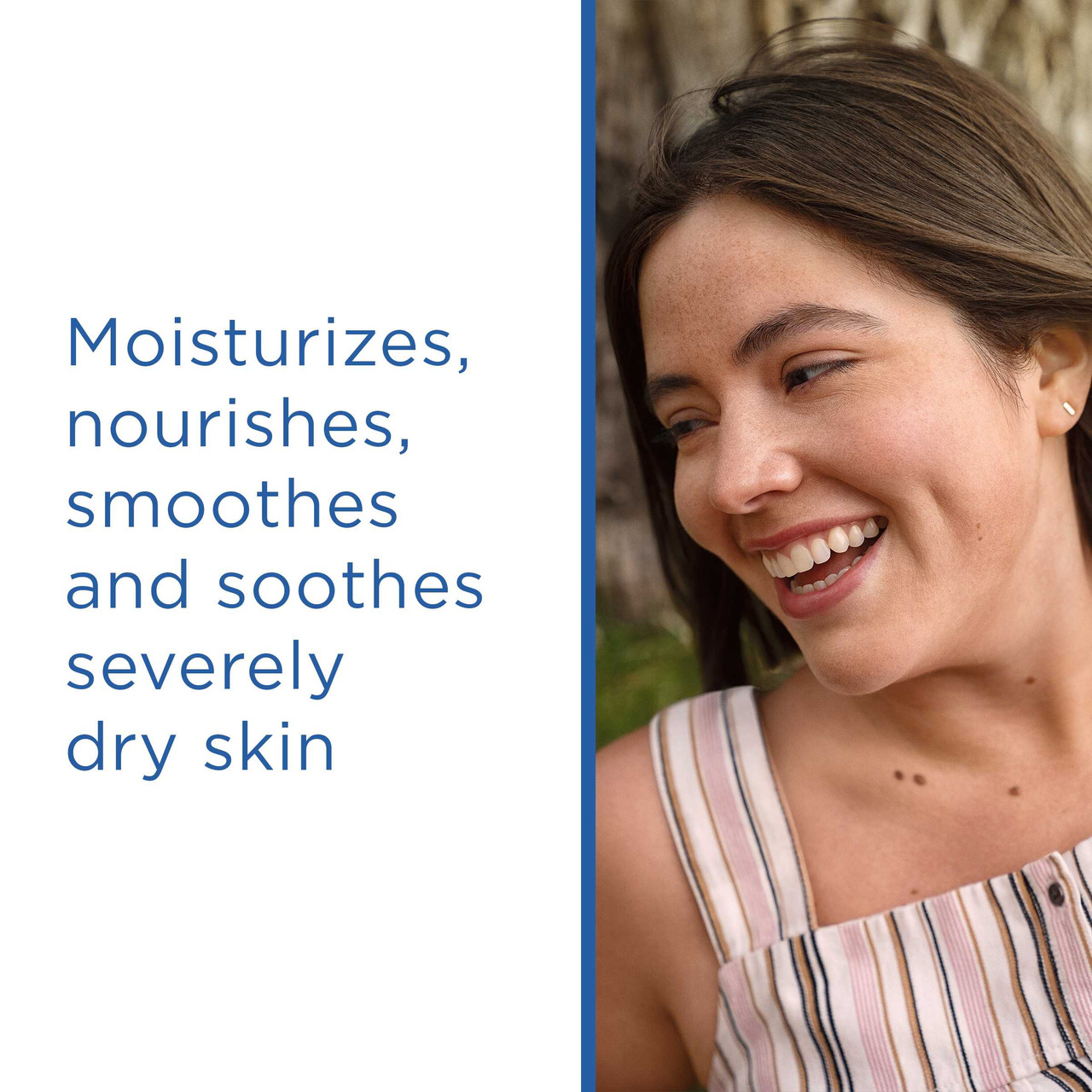 Smiling woman, moisturizes, nourishes and soothes severely dry skin text