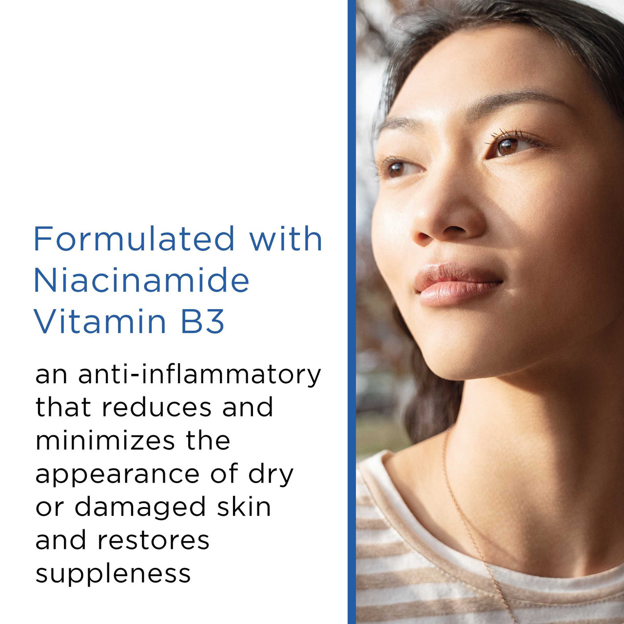 Woman in profile, formulated with niacinamide vitamin B3 text