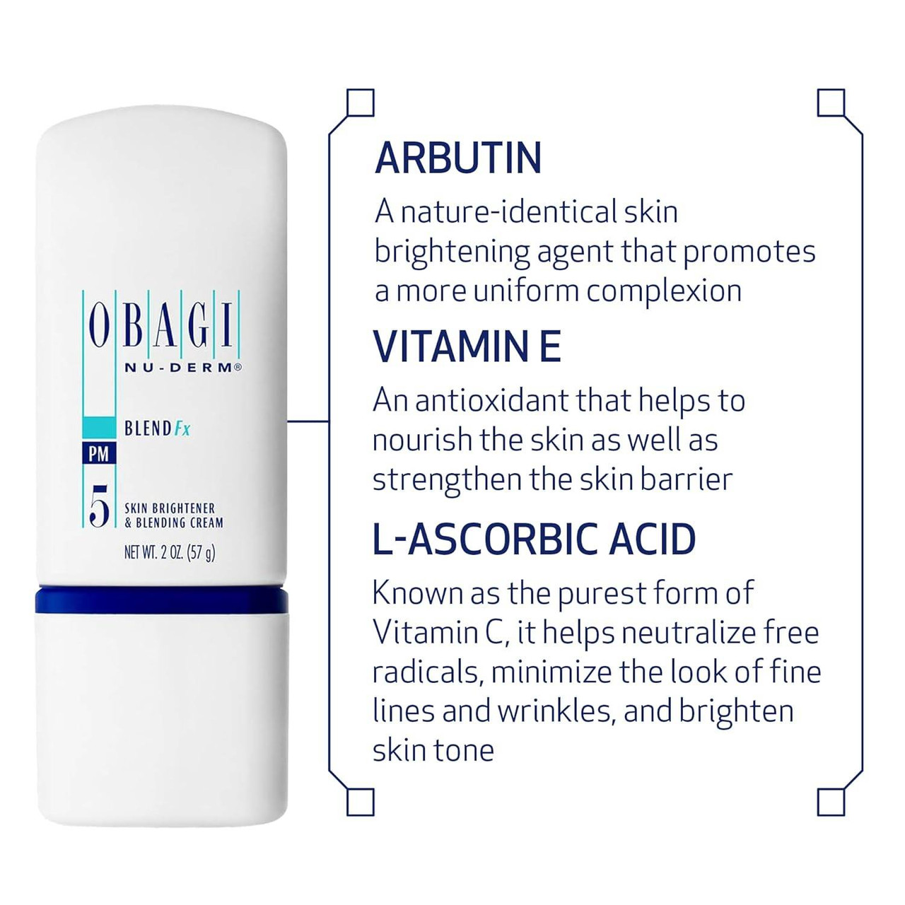 Obagi Nu-Derm Blend Fx bottle with arbutin, vitamin E and vitamin C infographic