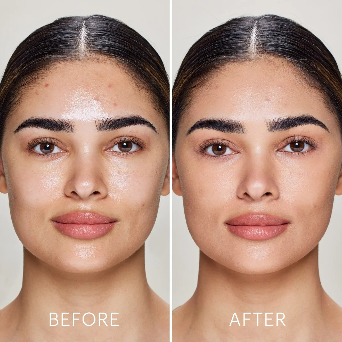 Before and after photos of a model wearing the tinted primer