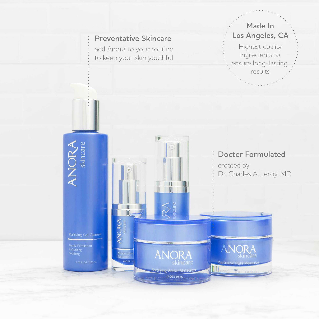 Anora Skincare product lineup, preventative skincare made in Los Angeles text