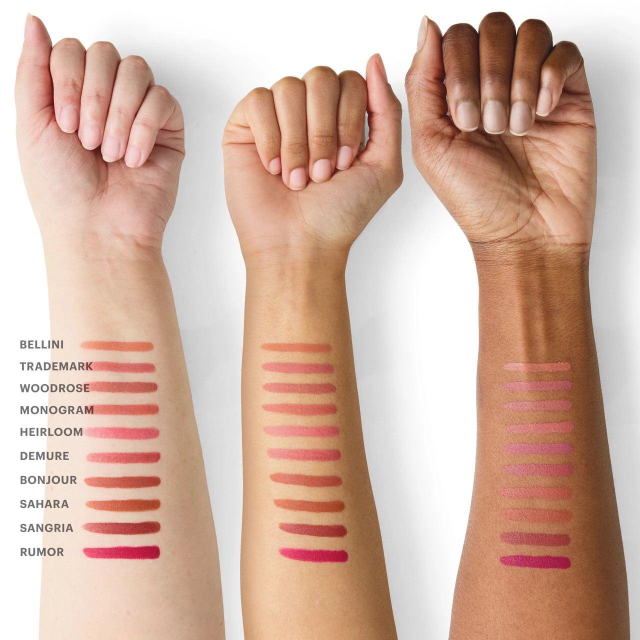 Arm swatches of crayon shades on three skin tones