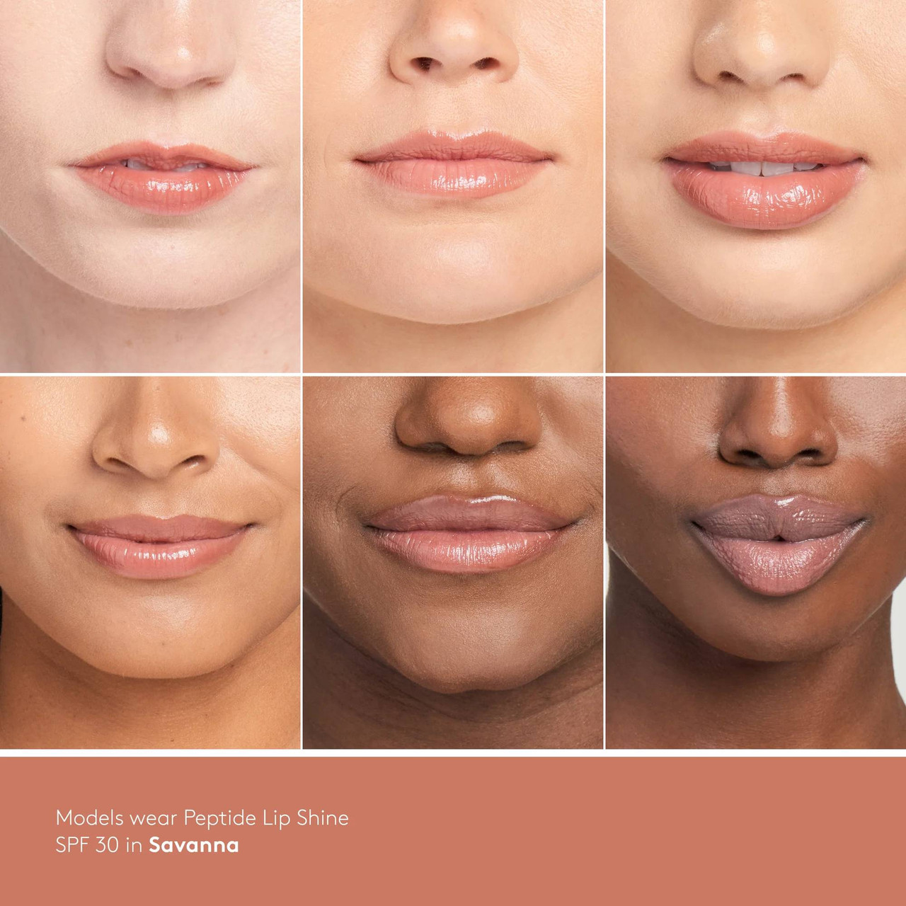 Six models of different skin tones wearing Lip Shine in Savanna