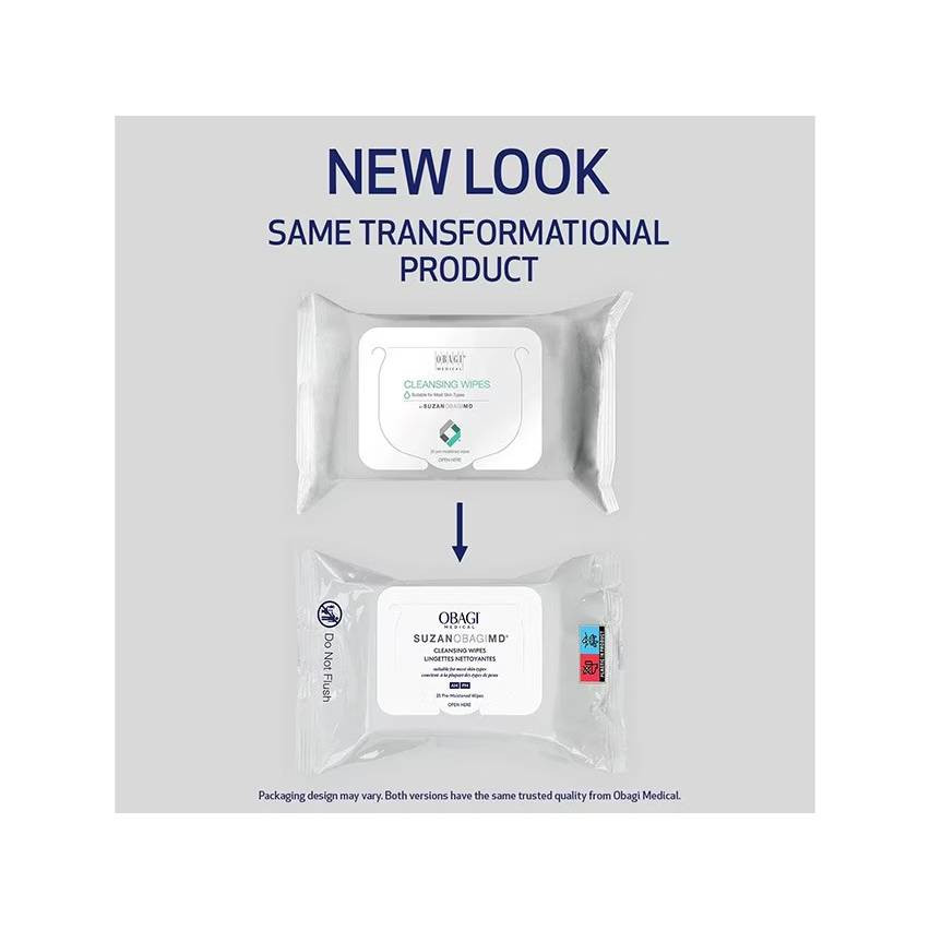 Old cleansing wipes pack beside the new Obagi design