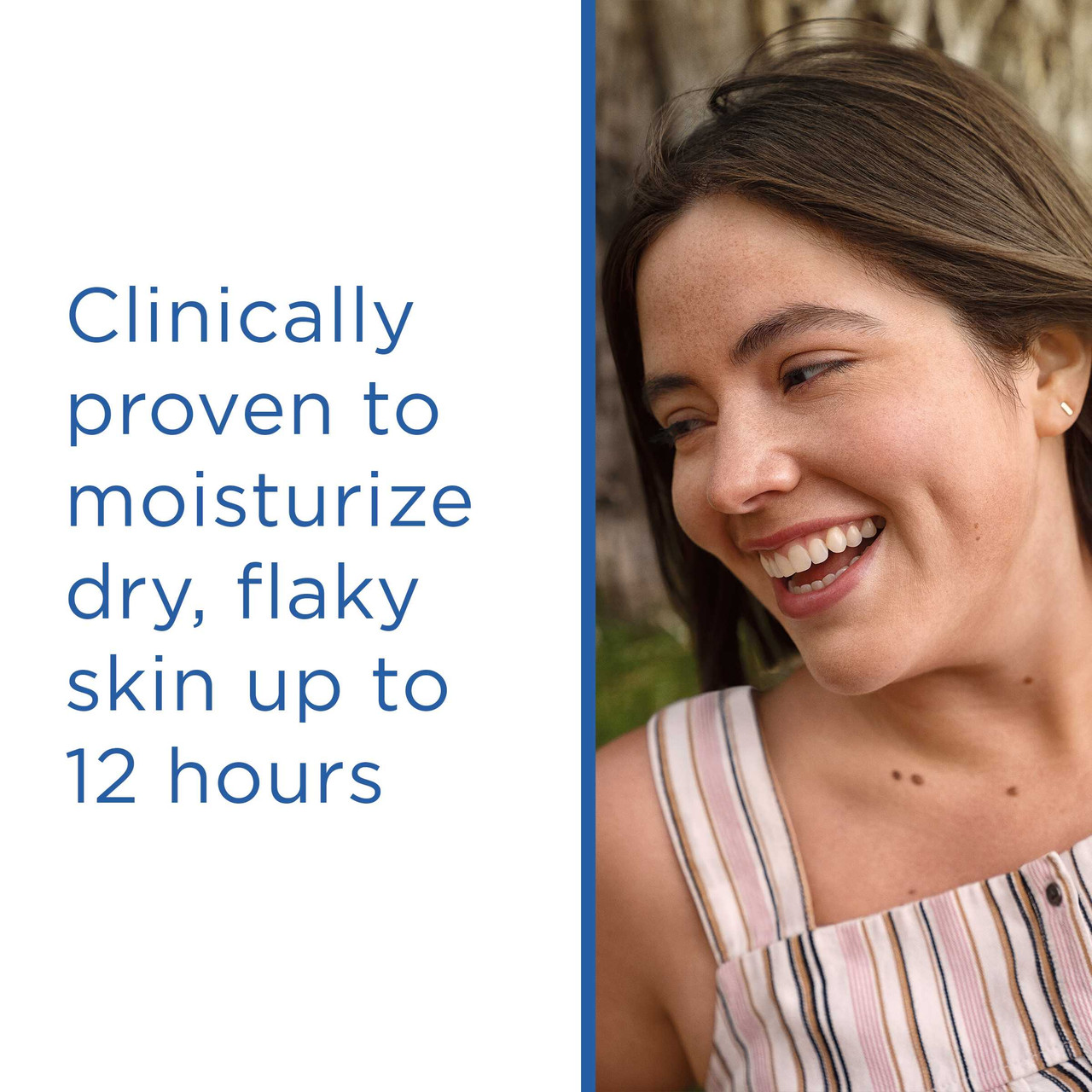 Smiling woman with moisturizing claim text