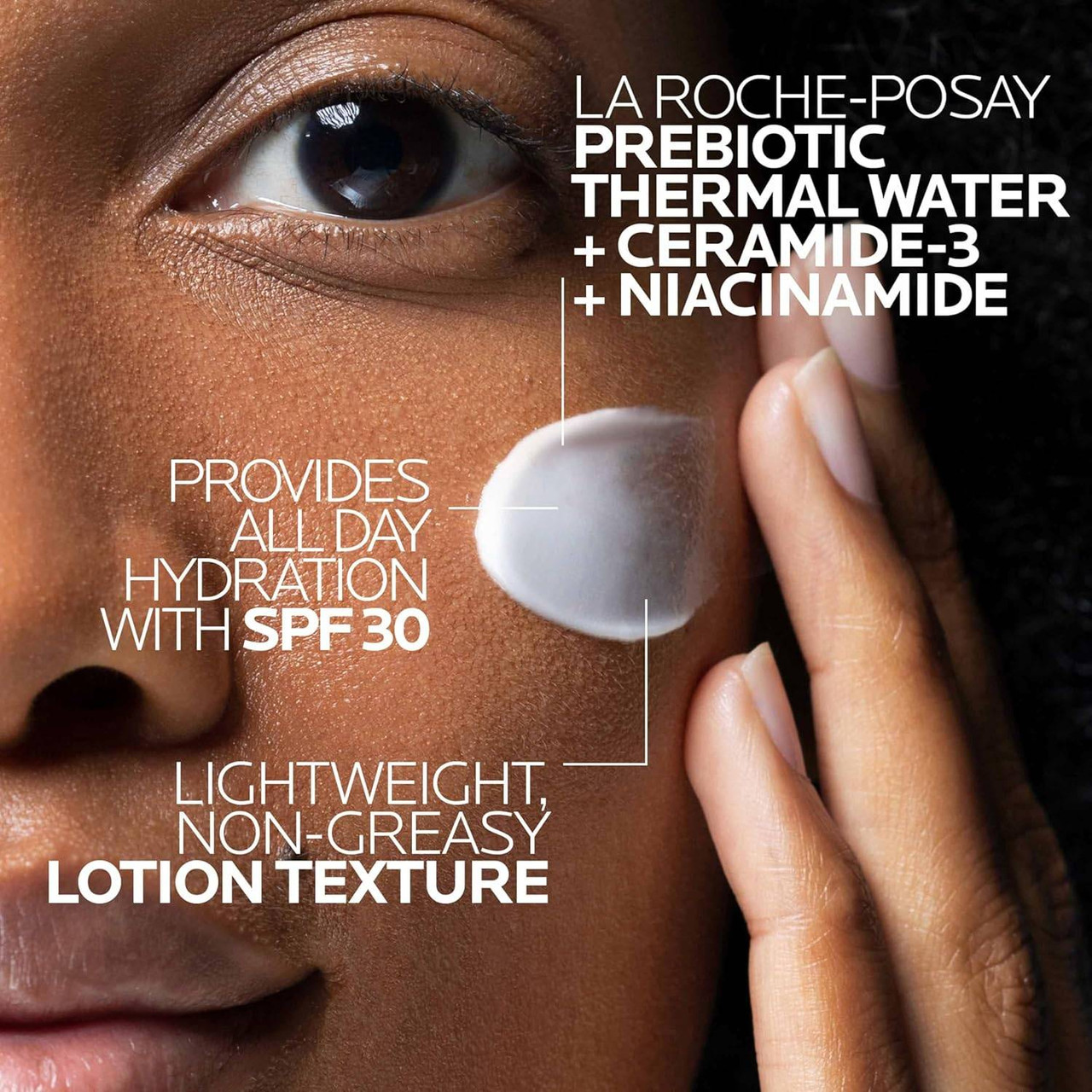 Close-up of model applying La Roche-Posay Toleriane Double Repair UV with ingredient text