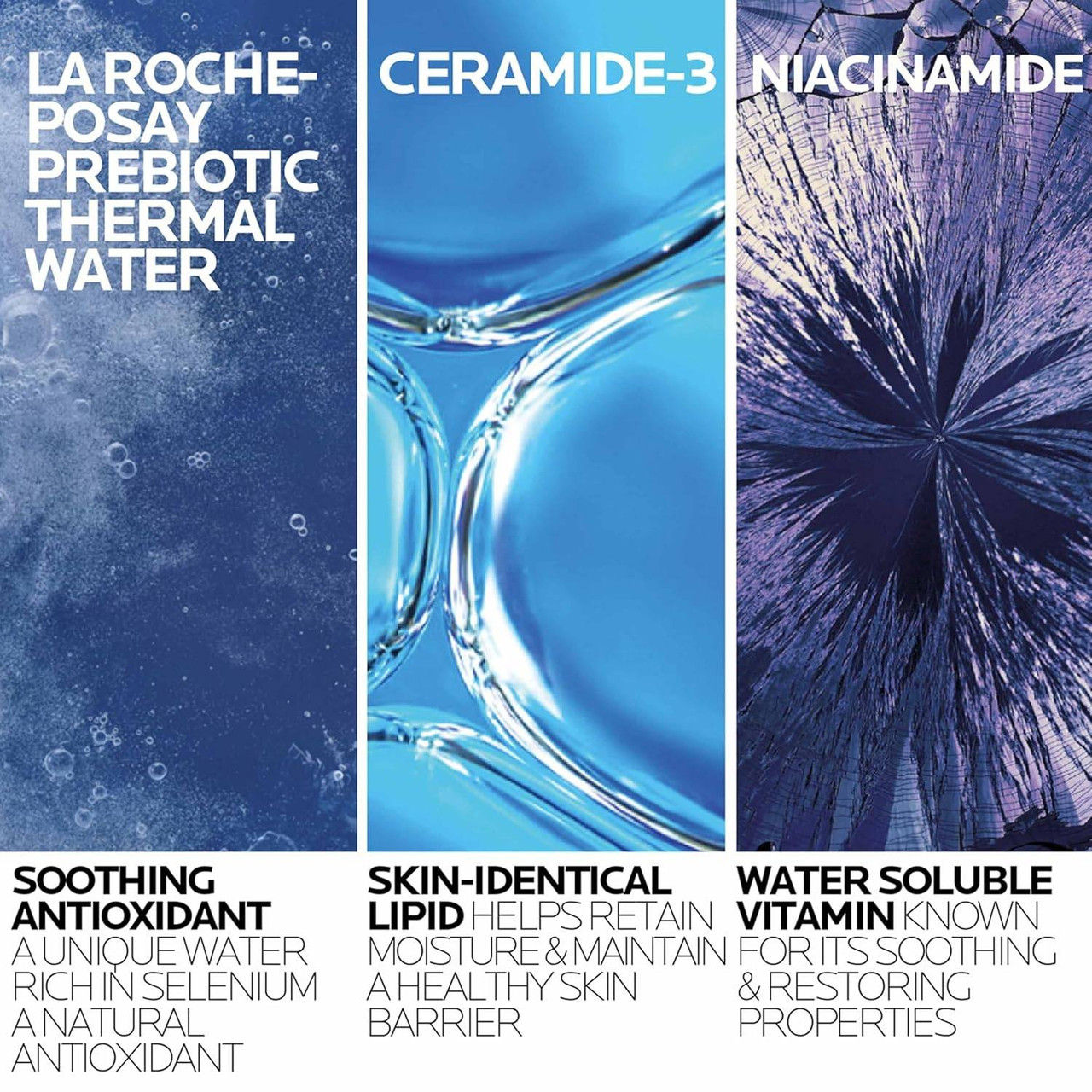 Three-panel ingredient graphic: prebiotic thermal water, ceramide-3, niacinamide