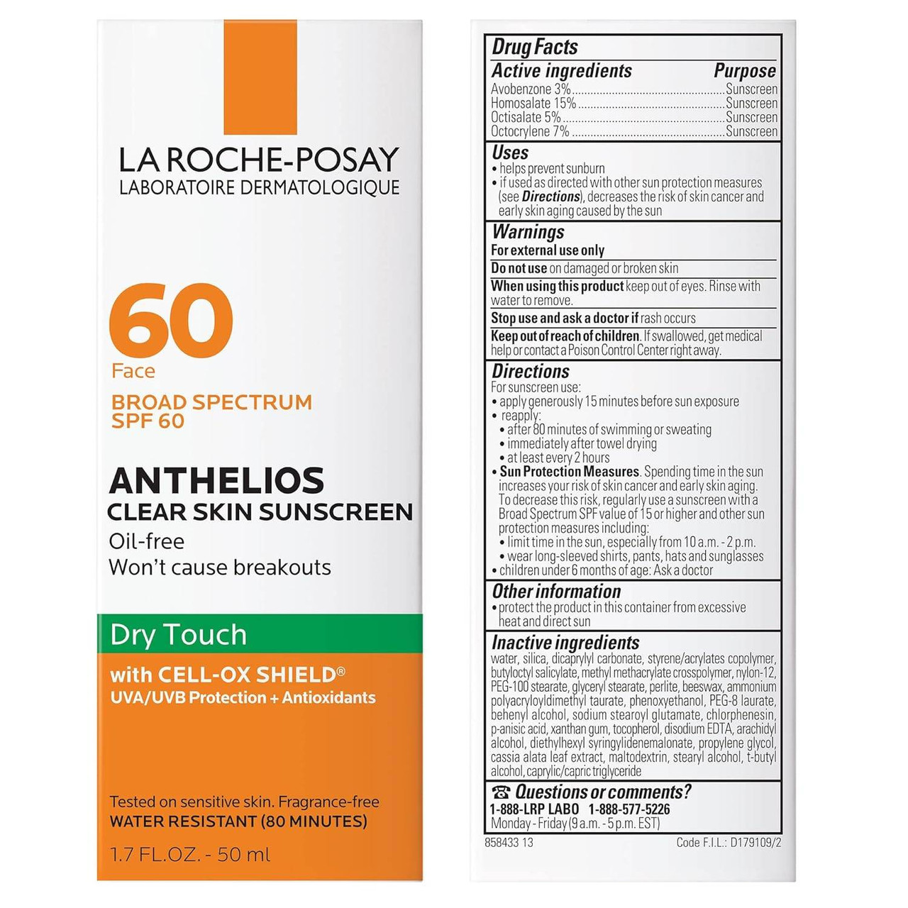 Anthelios Clear Skin Dry Touch SPF 60 tube front and drug facts panel