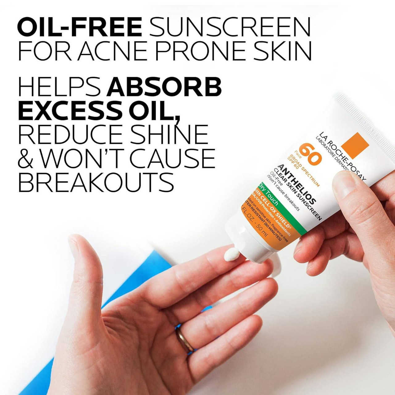 Hand holding Anthelios Clear Skin tube, oil-free sunscreen for acne-prone skin text