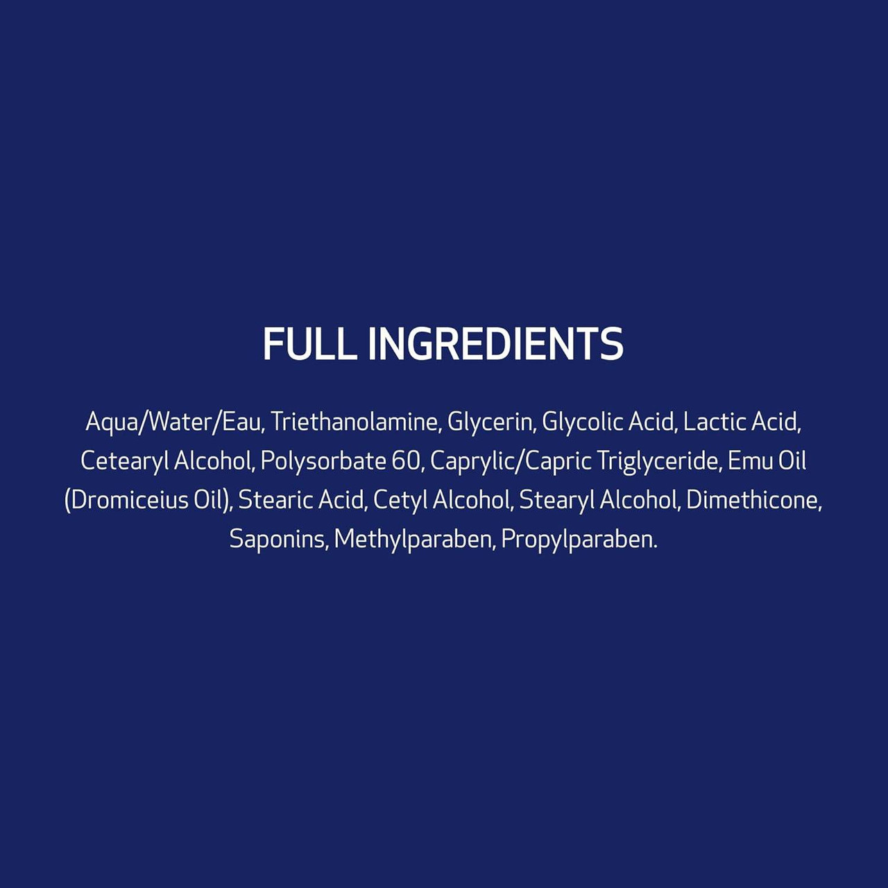 Obagi Nu-Derm Exfoderm Forte full ingredients list on navy background