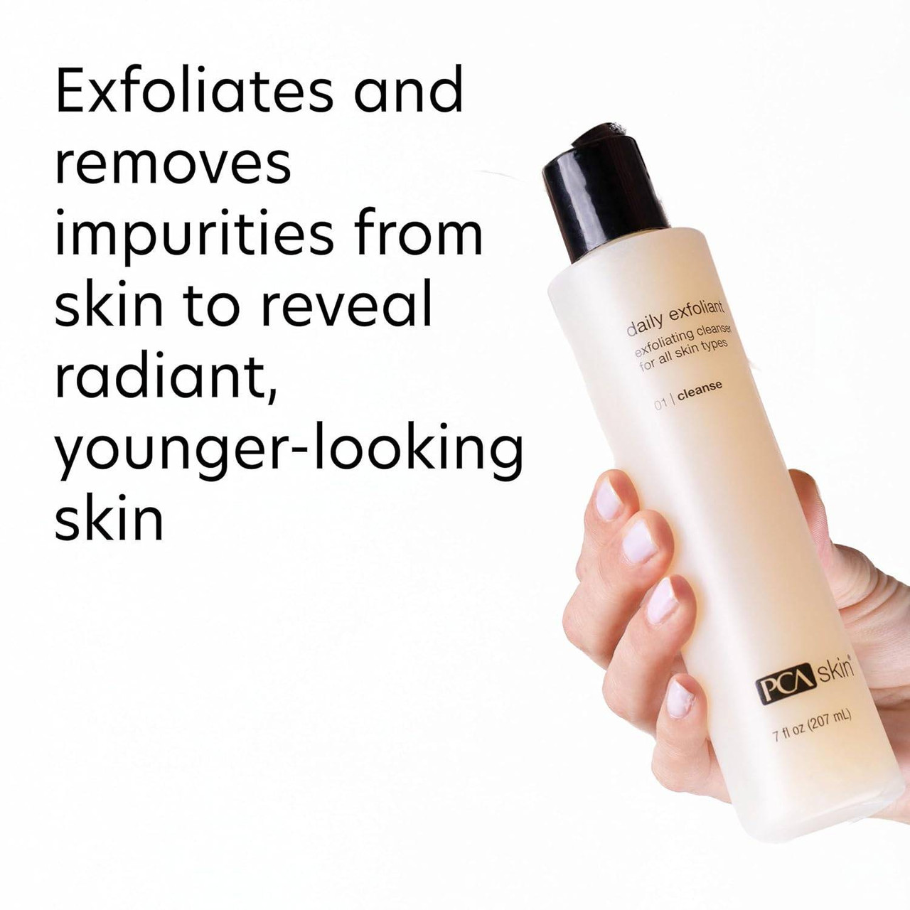 Hand holding PCA Daily Exfoliant, exfoliates for radiant younger-looking skin text
