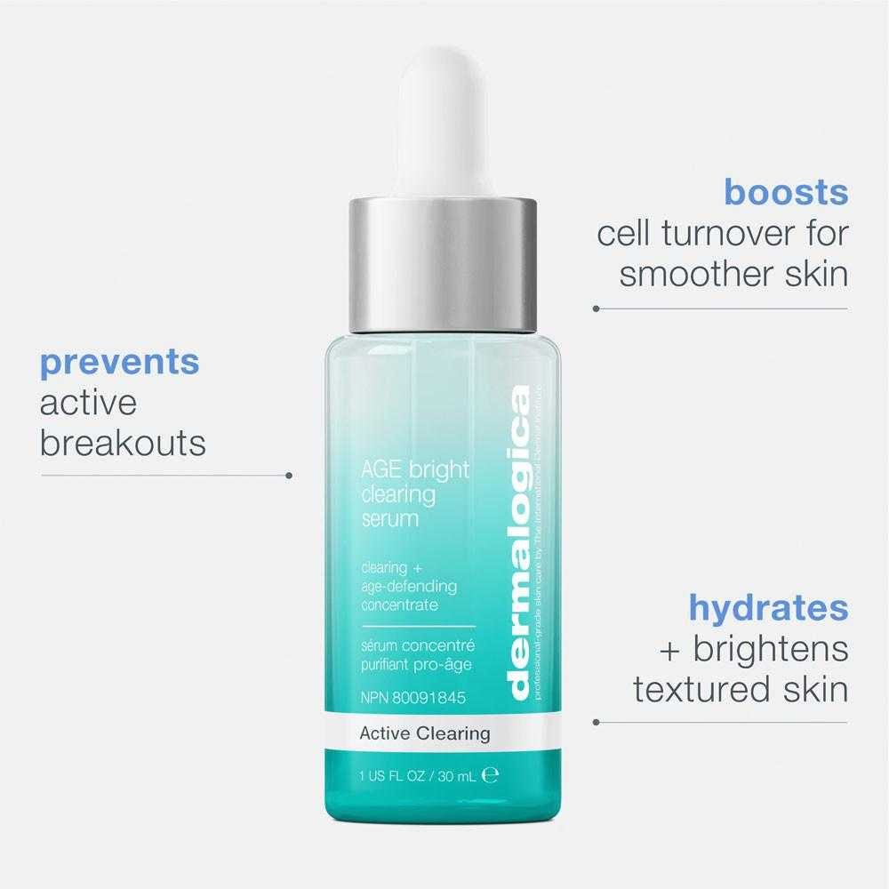 AGE Bright Clearing Serum with prevents breakouts, boosts cell turnover, hydrates callouts