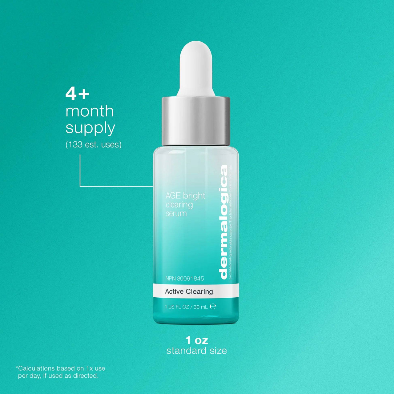 AGE Bright Clearing Serum 1 oz on teal background, 4+ month supply text