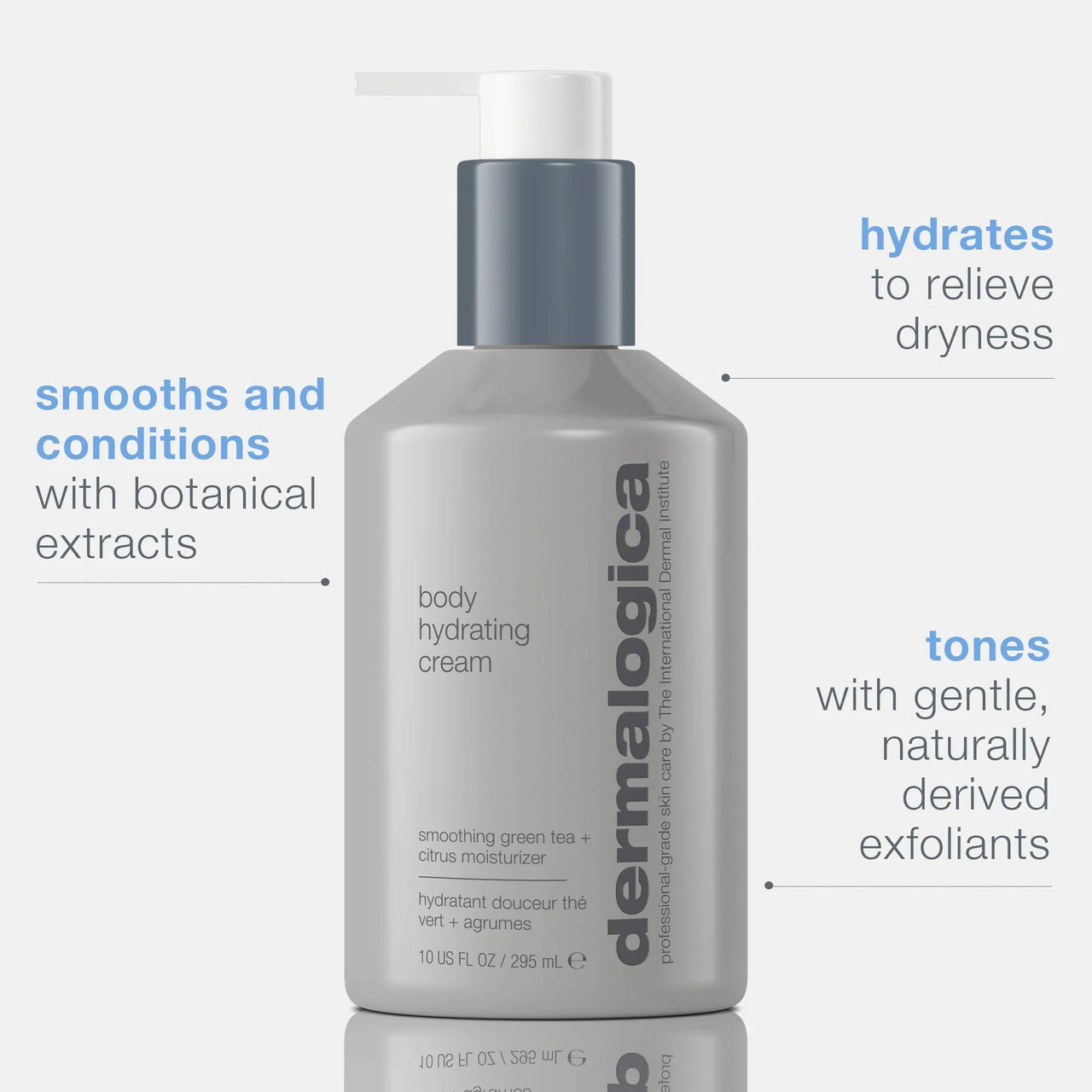 Body Hydrating Cream bottle with callouts on hydrating, smoothing and toning