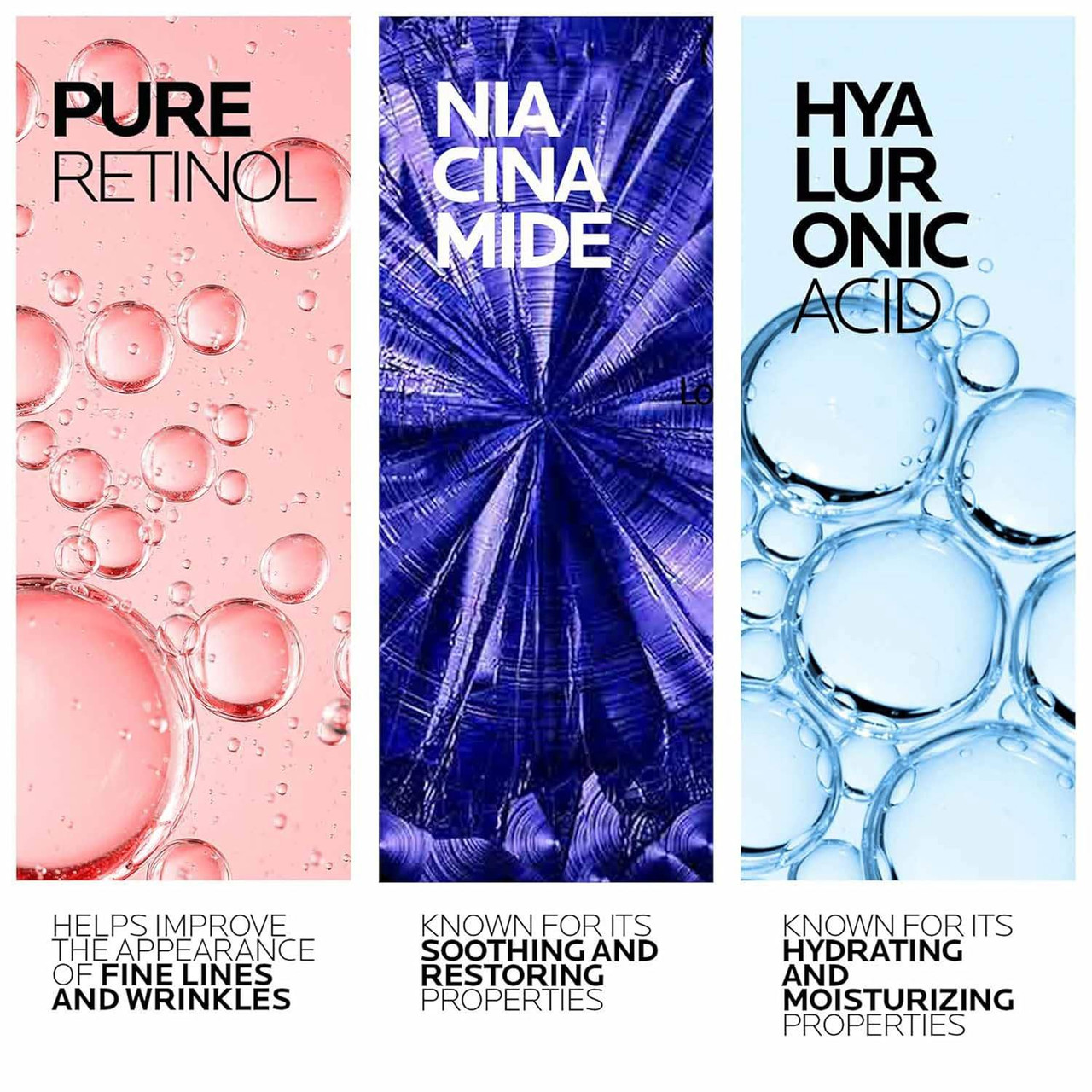 Retinol B3 Serum ingredients panels: pure retinol, niacinamide, hyaluronic acid