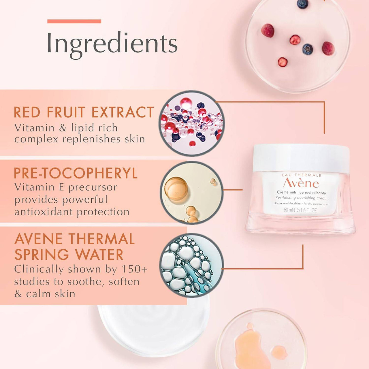 Ingredients graphic with red fruit extract, pre-tocopheryl and spring water
