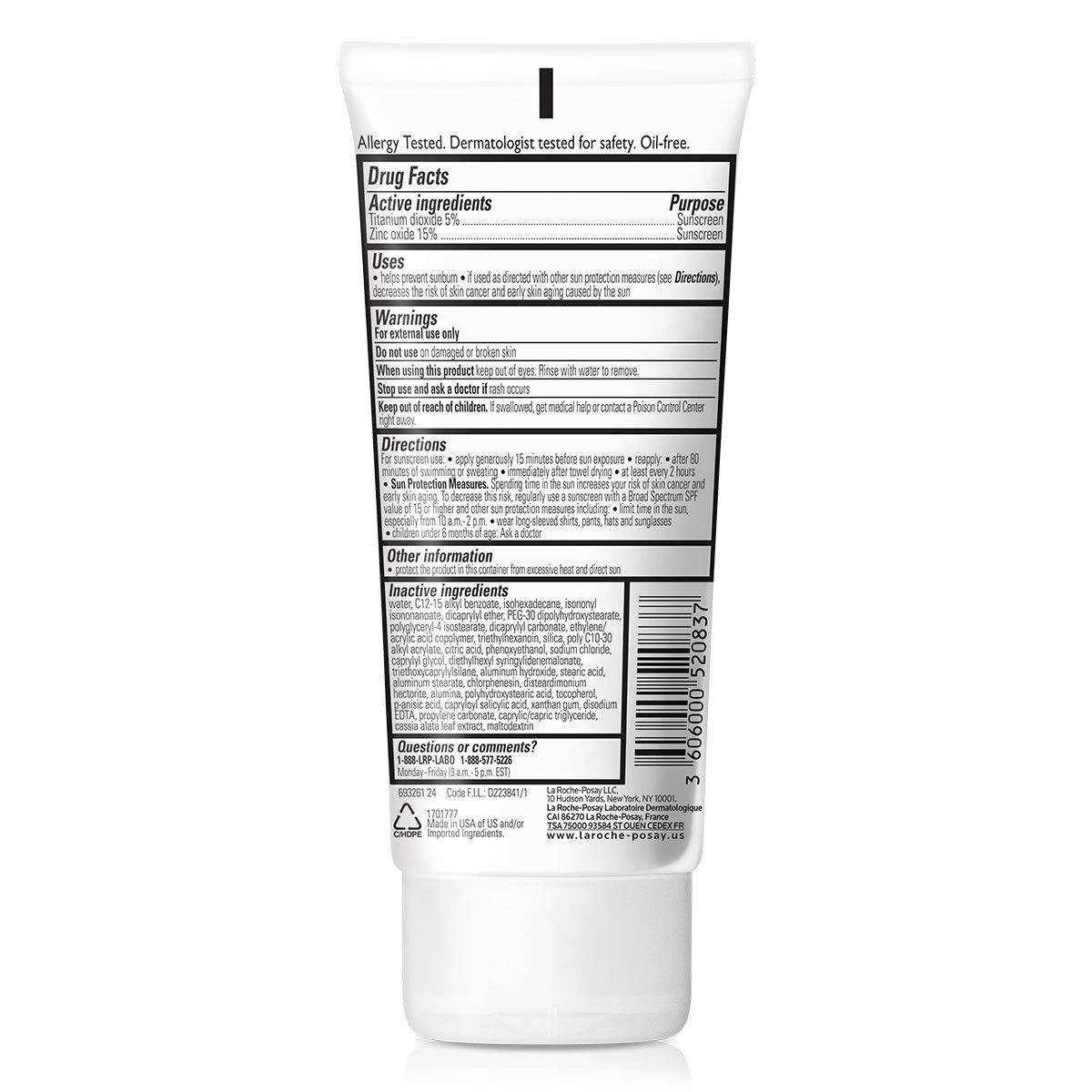 Back of the Anthelios Gentle Lotion tube with drug facts
