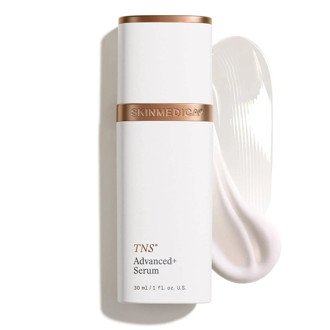 SkinMedica TNS Advanced+ Serum pump bottle with serum swatch