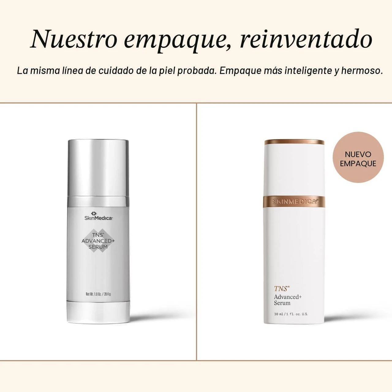 SkinMedica TNS Advanced+ Serum old and new packaging comparison, Spanish text