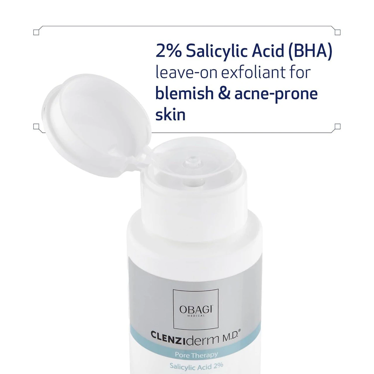 Obagi CLENZIderm Pore Therapy open flip-cap bottle with BHA exfoliant text