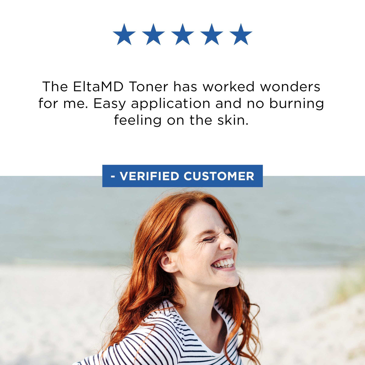 Five-star verified customer review of EltaMD Toner beside a laughing woman