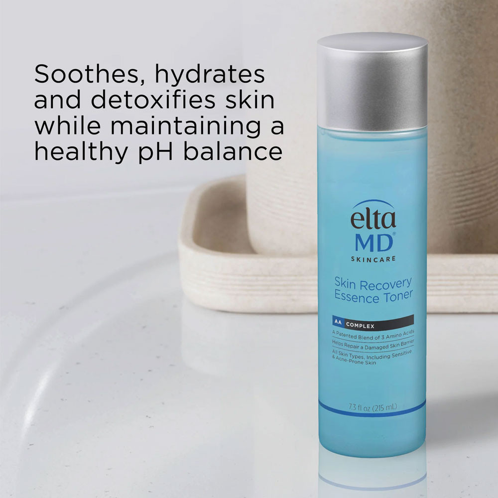 Skin Recovery Essence Toner, soothes, hydrates and detoxifies skin text