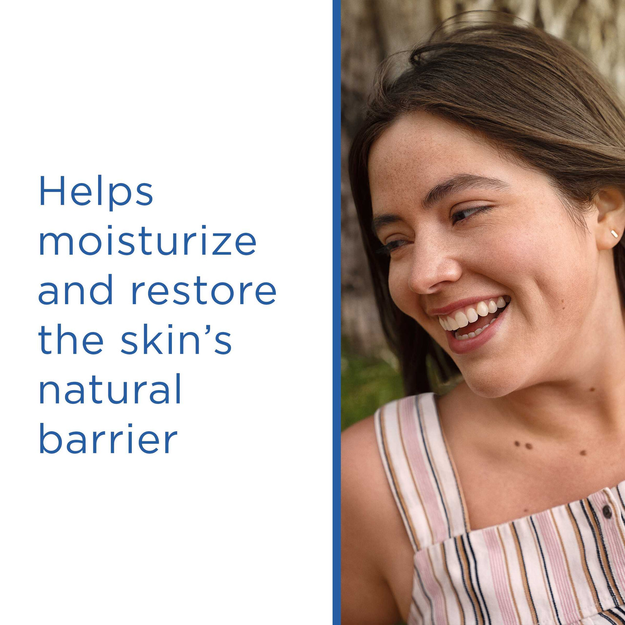 Smiling woman, helps moisturize and restore the skin's natural barrier text