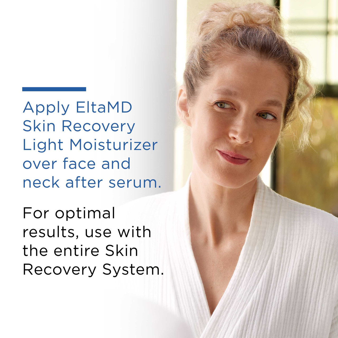 Woman in a white robe, apply over face and neck after serum text