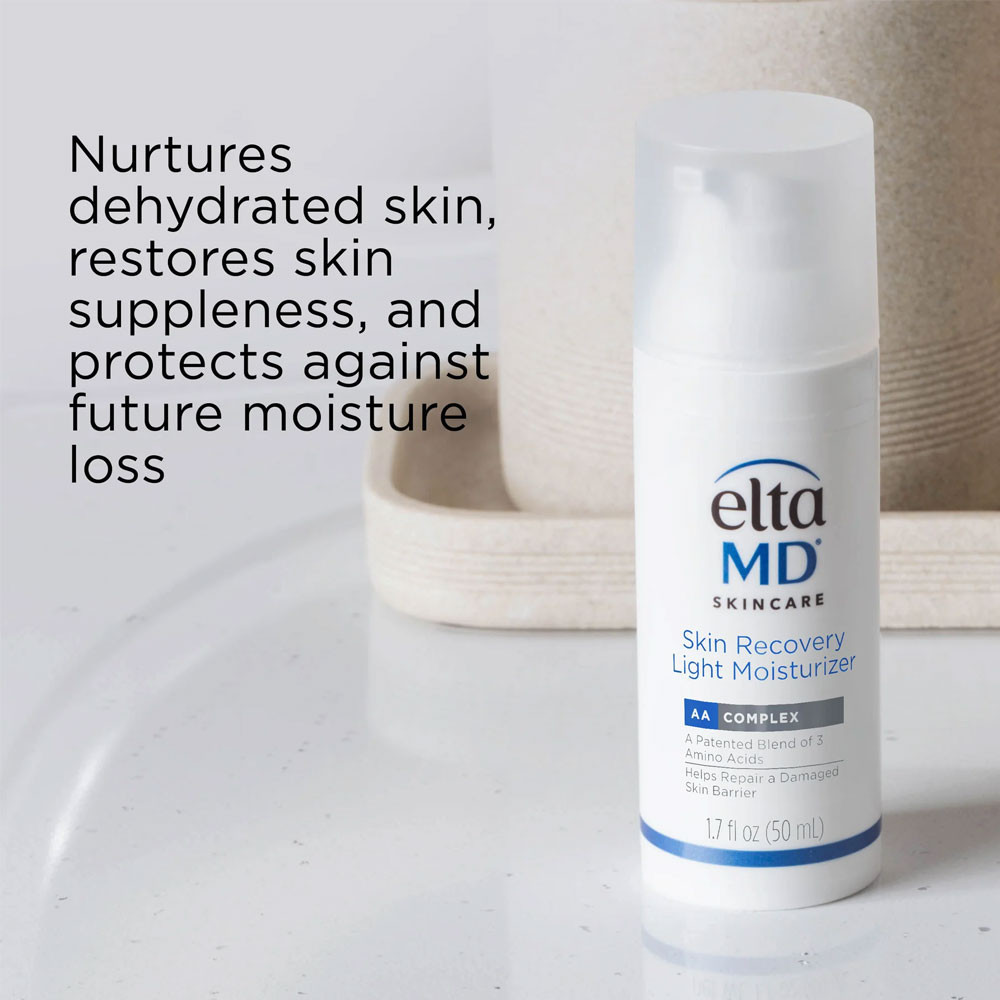 EltaMD Skin Recovery Light Moisturizer pump, nurtures dehydrated skin text