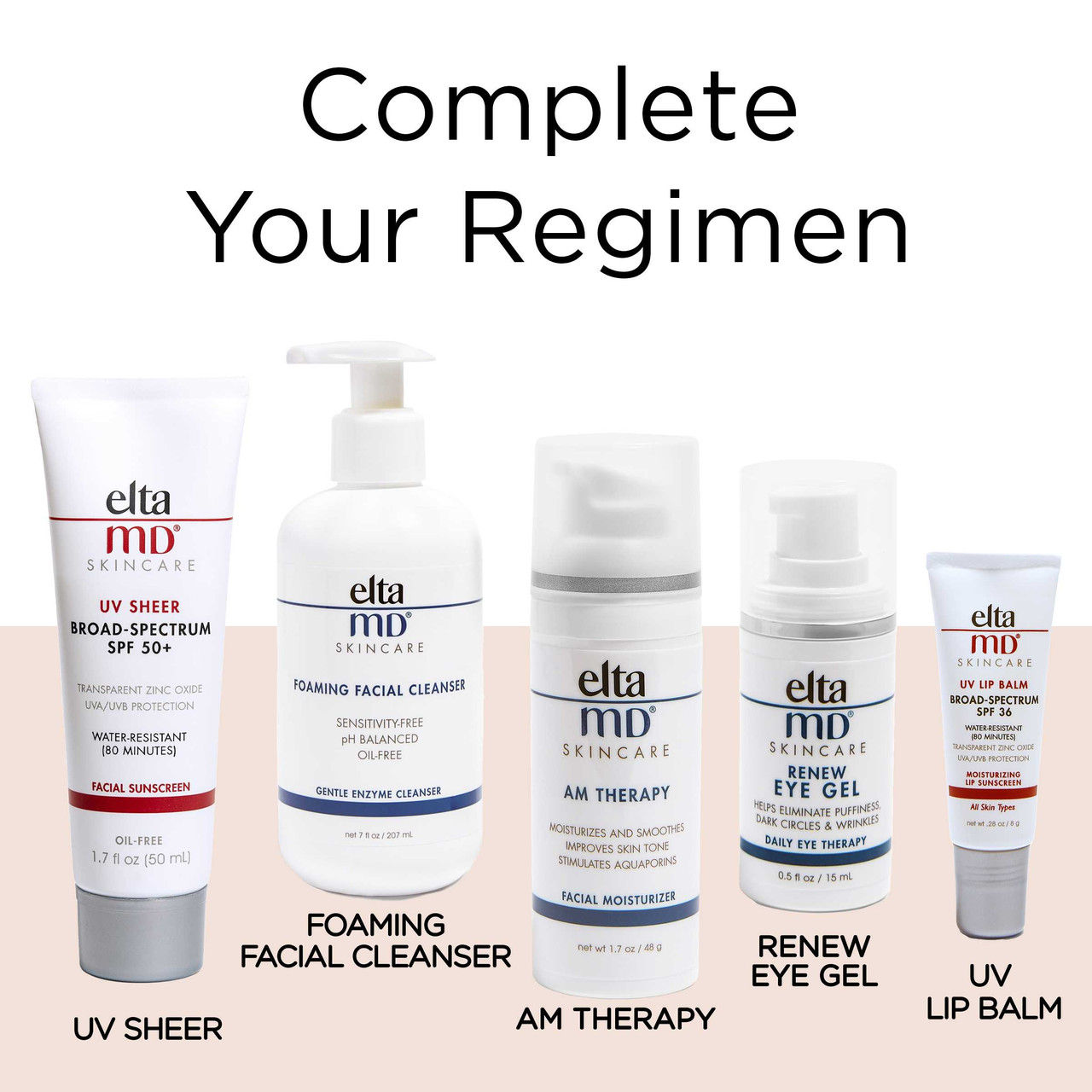 Complete your regimen: UV Sheer, Foaming Facial Cleanser, AM Therapy, Renew Eye Gel, UV Lip Balm