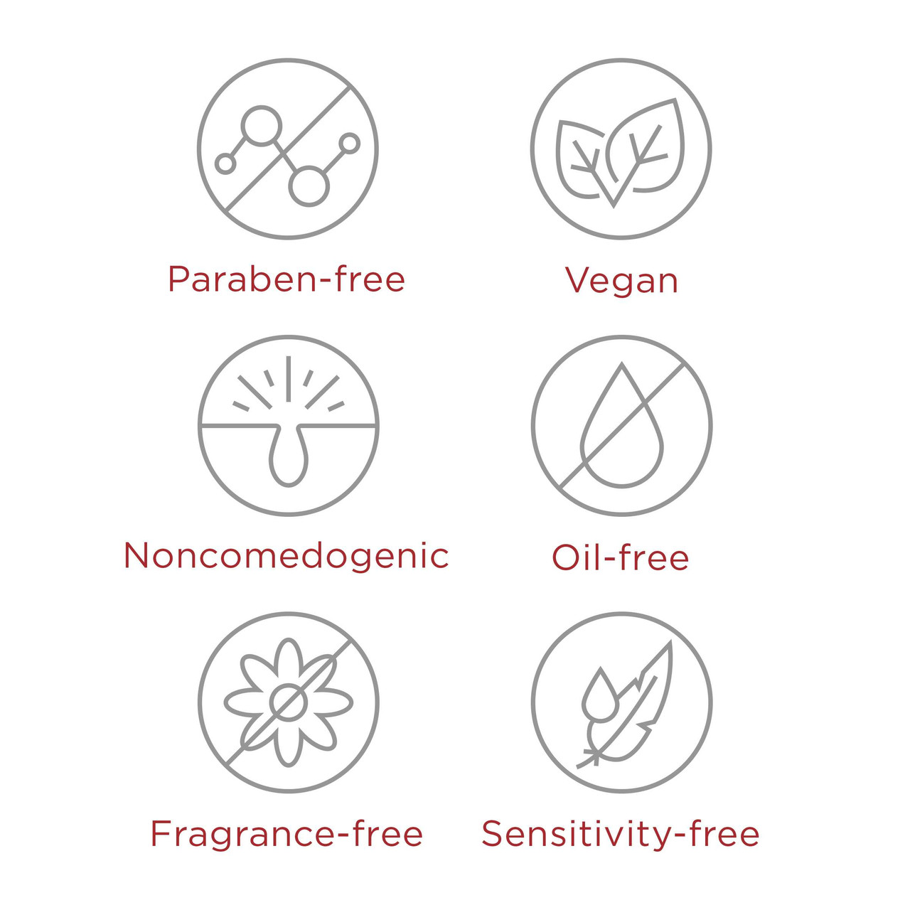 UV Sheer icons: paraben-free, vegan, noncomedogenic, oil-free, fragrance-free